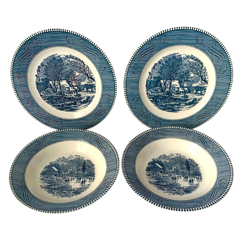 Currier & Ives 2 Dinner Plates 2  Soup Bowls "The Old Grist Mill" Blue White